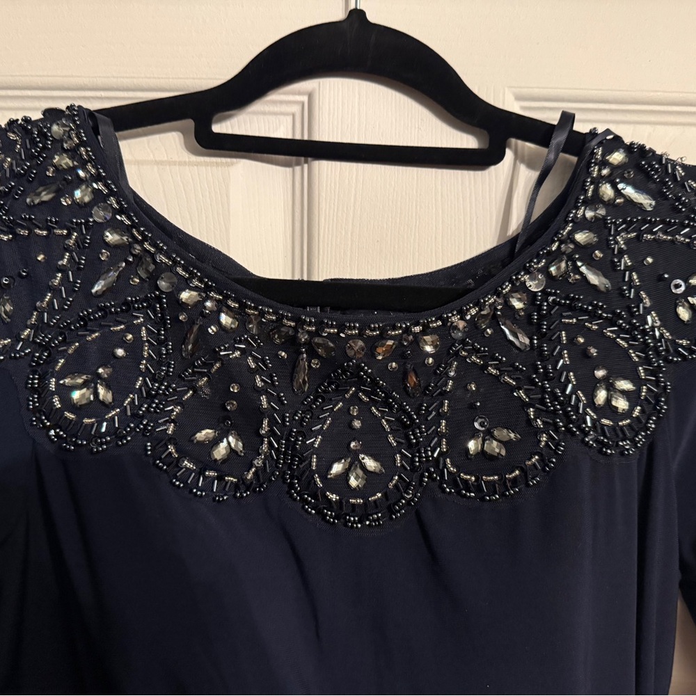 Xscape Navy Long Sleeve Gown with Embellished Neckline - Picture 2 of 6